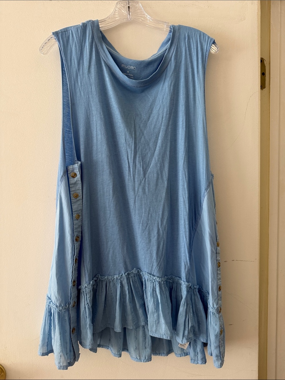 Pilcro Sky Blue Sleeveless Ruffle-Hem Tunic with Button Side Detail